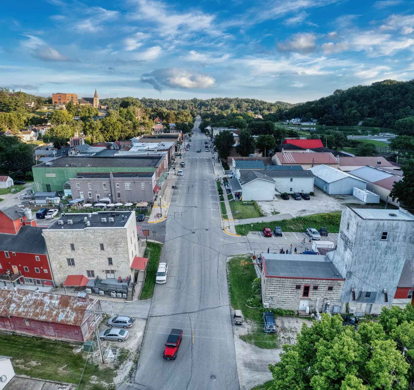 Illustrative scene, not evidence for this record: Aerial view of small-town Lanesboro, Minnesota.