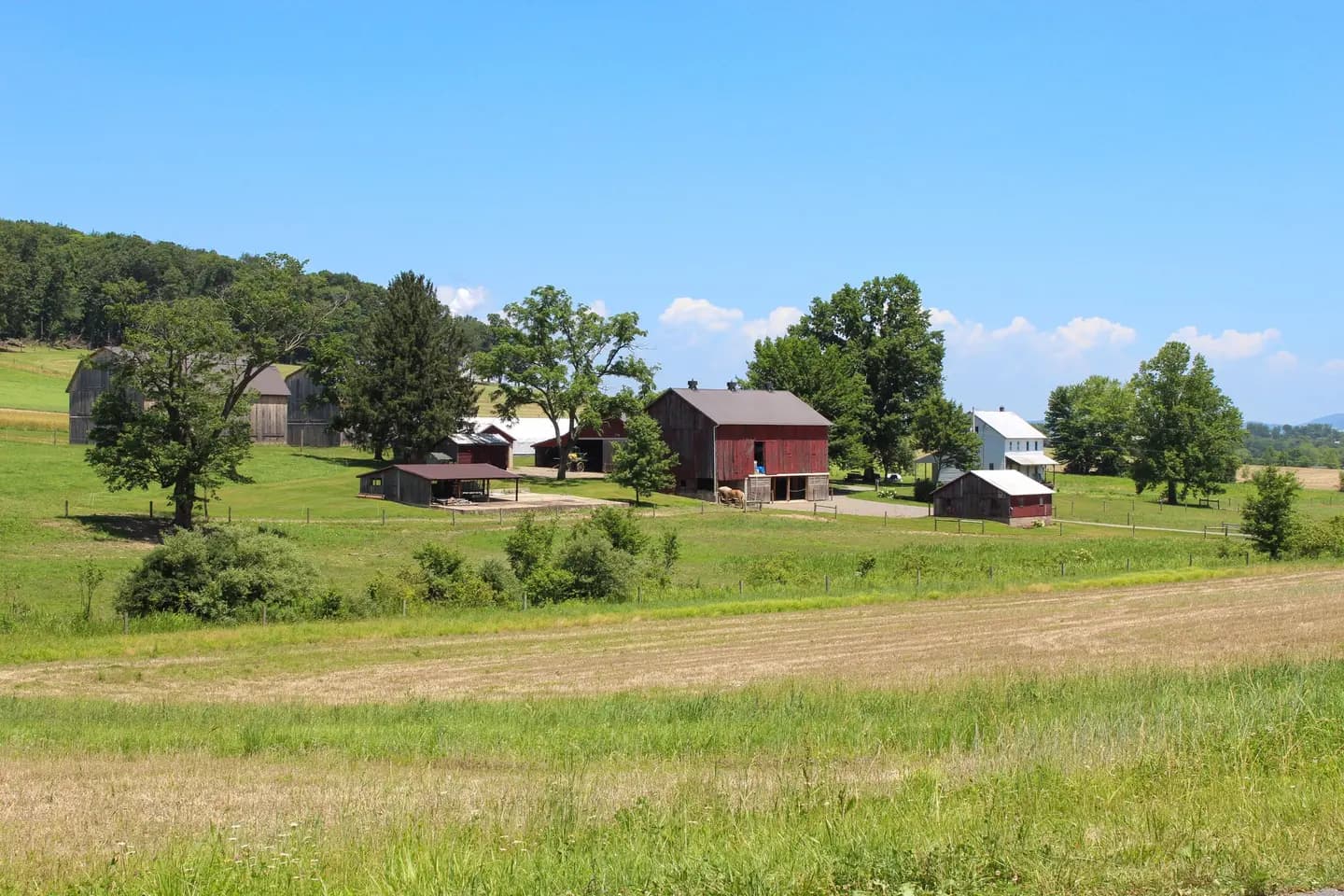 Illustrative scene, not evidence for this record: Rural farm landscape with barns and fields.