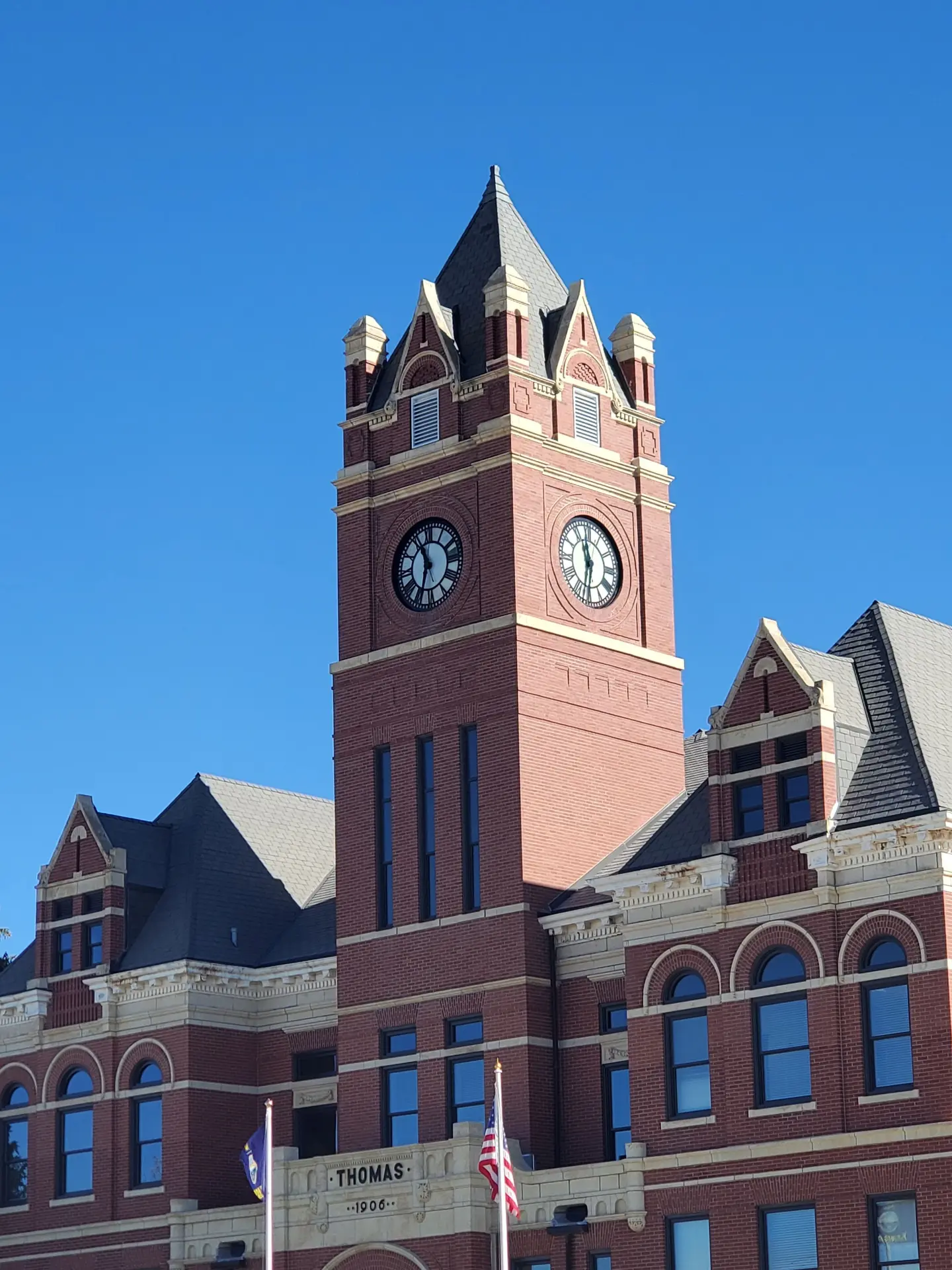 Illustrative scene, not evidence for this record: A county courthouse clock tower in Colby, Kansas.