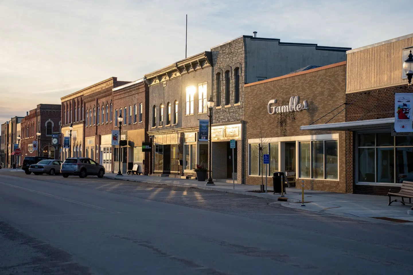 Illustrative scene, not evidence for this record: Main Street at sunset in Wabasha, Minnesota.