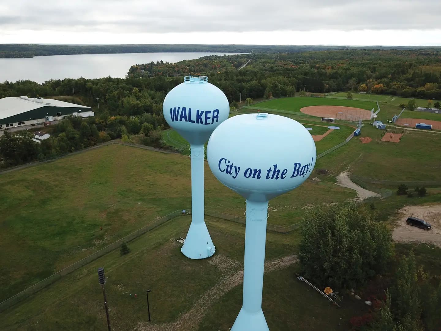 Illustrative scene, not evidence for this record: Twin water towers in Walker, Minnesota.
